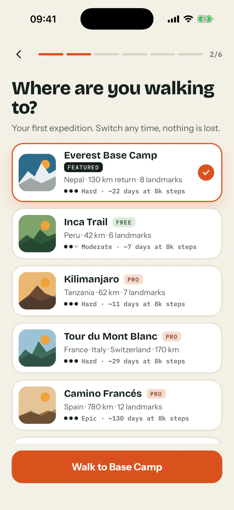 Choosing a trek: Everest Base Camp, Inca Trail and Kilimanjaro, each with its length, difficulty and days at 8,000 steps.